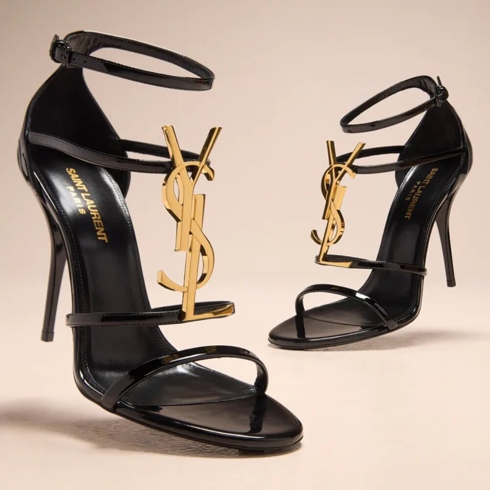 Saint Laurent Cassandra YSL Medallion Strappy Stiletto Sandals | Size 37.5 / 7.5